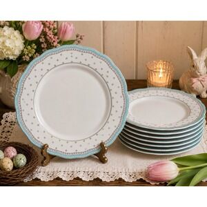 Grace's Teaware Aqua Gray Polka Dot Dinner Plates Set of 8 Scalloped 11"